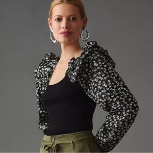 ANTHROPOLOGIE Woven Floral Ruffle-Sleeve Sweater - S